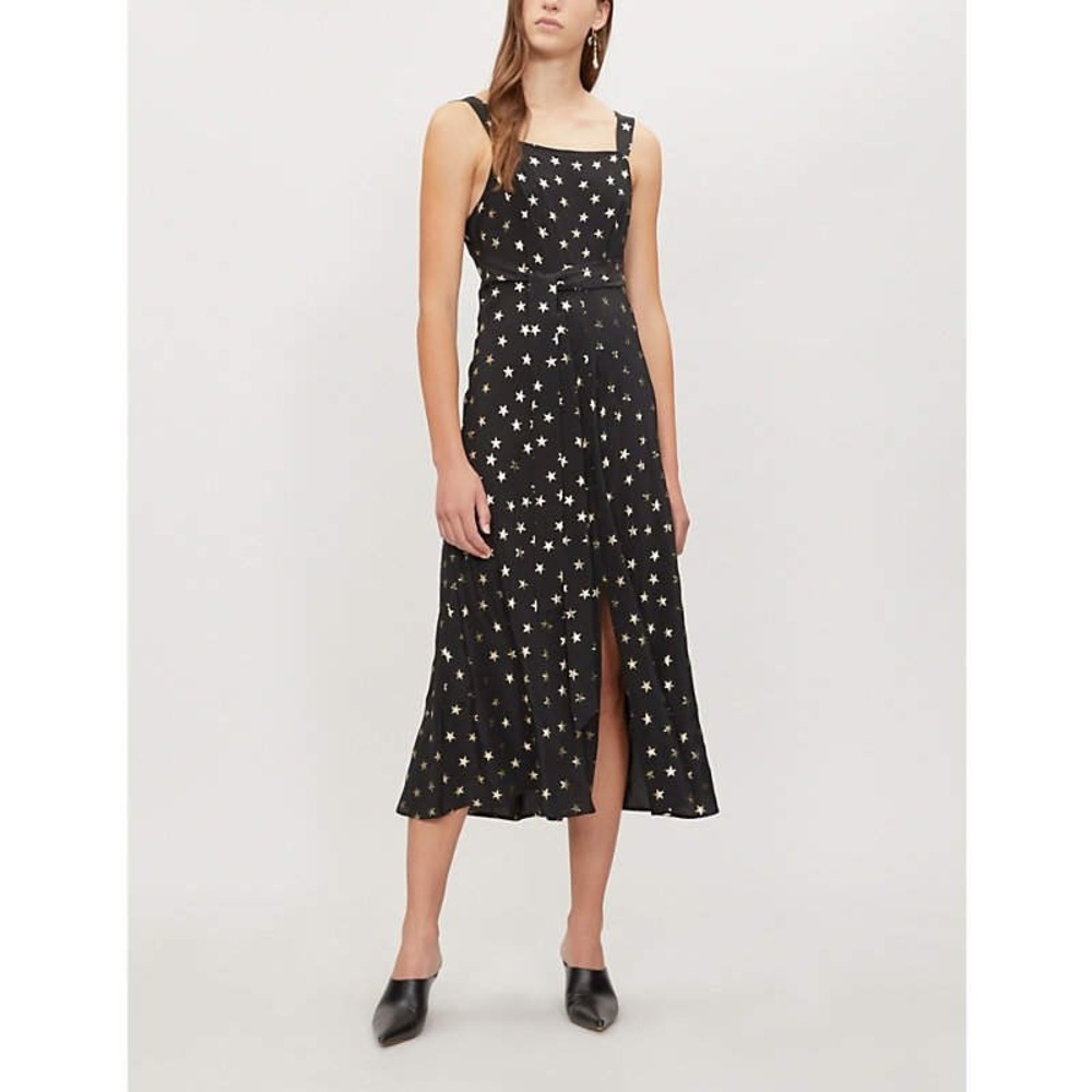 RIXO LONDON Tara‎ All Star Silk Midi Dress Size XS Black Gold Metallic Chic Sexy
